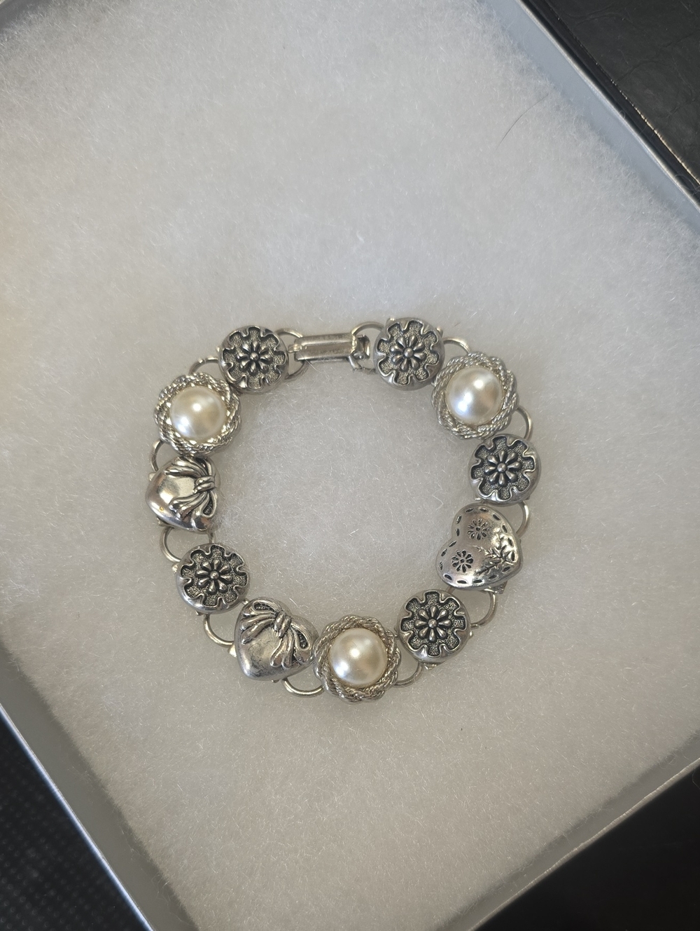 Silver Tone Pearl Accent Bracelet - White Faux Pearls